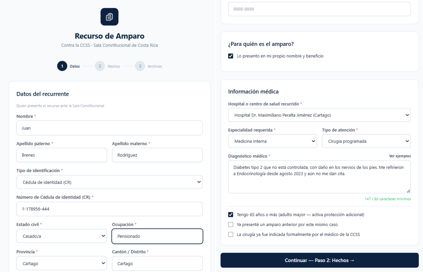 Formulario de AmparoCR — paso 1 de 3